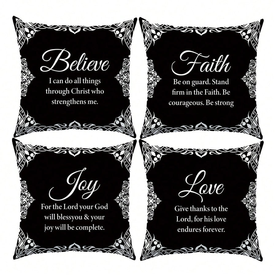 4pcs Simple Black & White Bible Verse Decorative Pillow Case Set, Single-Sided Printed Peach Velvet Fabric, 45*45/50*50/40*40CM Cushion Cover For Modern Fabric Sofa, Indoor Decor, Party Decoration, Gift