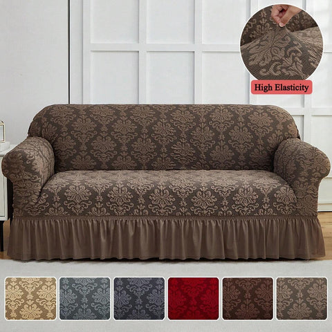 XM-Mirelitho 1pc 3D Textured Floral Design Jacquard Sofa Cover With Ruffle Skirt, Stretch Full Coverage Couch Slipcover For 1/2/3/4 Seater Sofa Elegant Washable Furniture Protector For Living Room